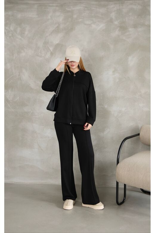 Oversize Fermuarlı Çıma Detaylı  Geniş Paça Modal Kumaş Eşofman Takım