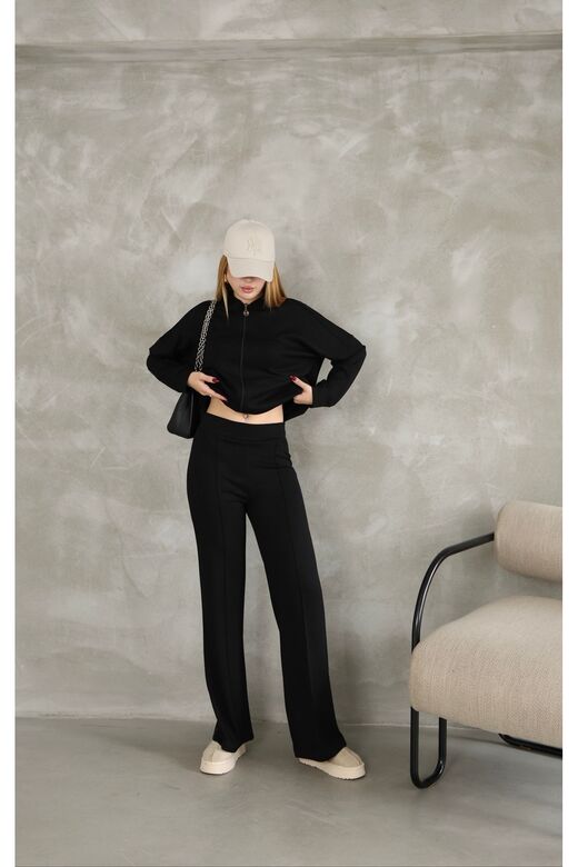 Oversize Fermuarlı Çıma Detaylı  Geniş Paça Modal Kumaş Eşofman Takım