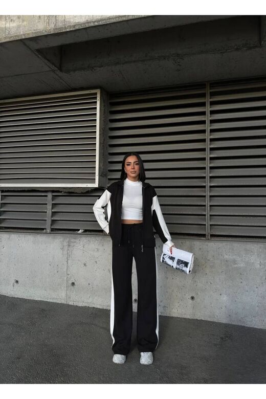 Oversize Garnili Fermuarlı Geniş Paça Modal Kumaş Eşofman Takım