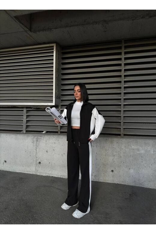 Oversize Garnili Fermuarlı Geniş Paça Modal Kumaş Eşofman Takım