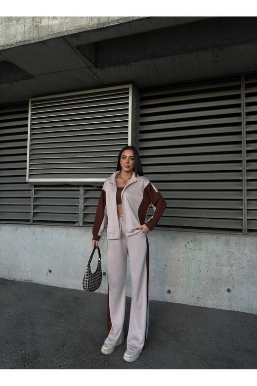 Oversize Garnili Fermuarlı Geniş Paça Modal Kumaş Eşofman Takım