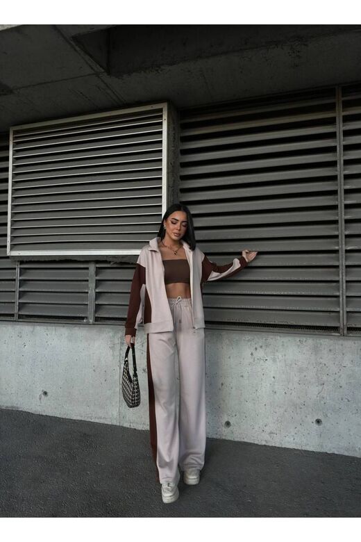 Oversize Garnili Fermuarlı Geniş Paça Modal Kumaş Eşofman Takım