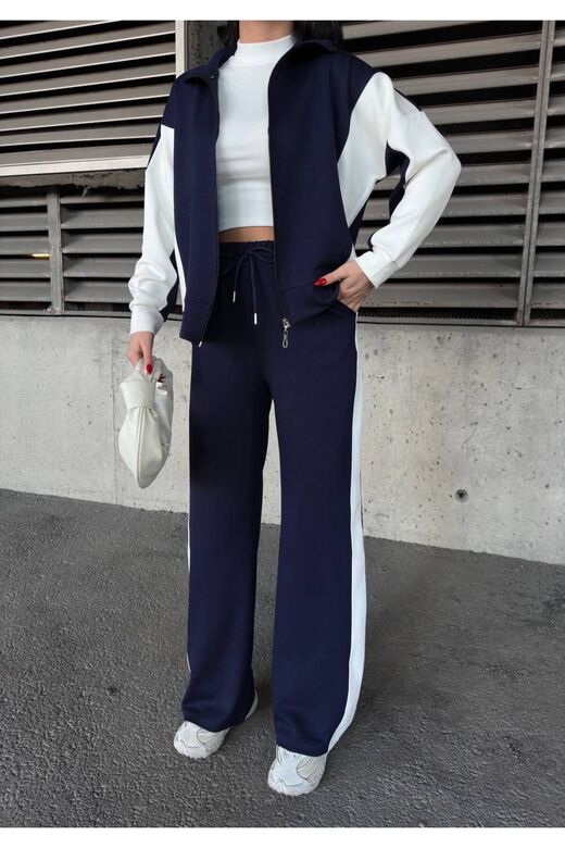 Oversize Garnili Fermuarlı Geniş Paça Modal Kumaş Eşofman Takım
