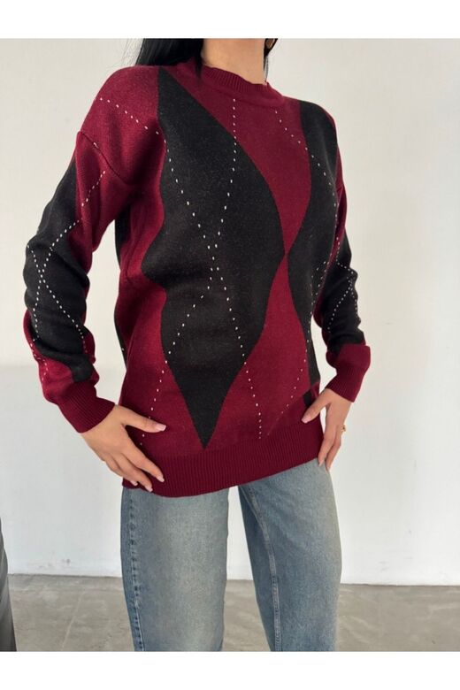 Oversize Baklava Desenli Triko Kazak