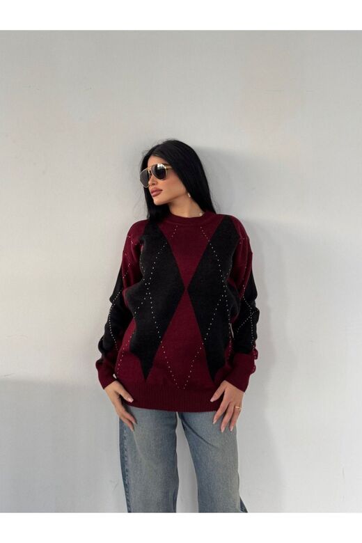 Oversize Baklava Desenli Triko Kazak