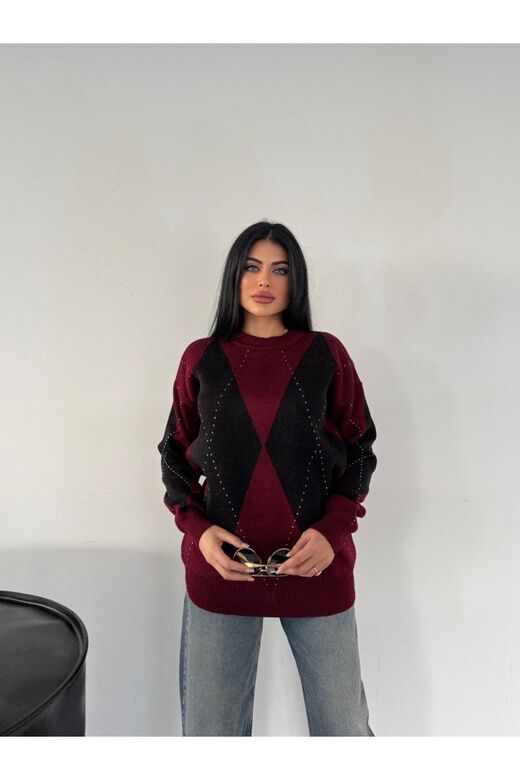 Oversize Baklava Desenli Triko Kazak