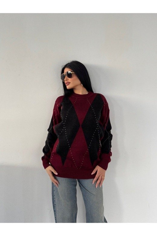 oversize Baklava Desenli Triko Kazak