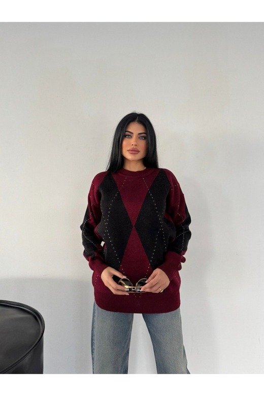 oversize Baklava Desenli Triko Kazak