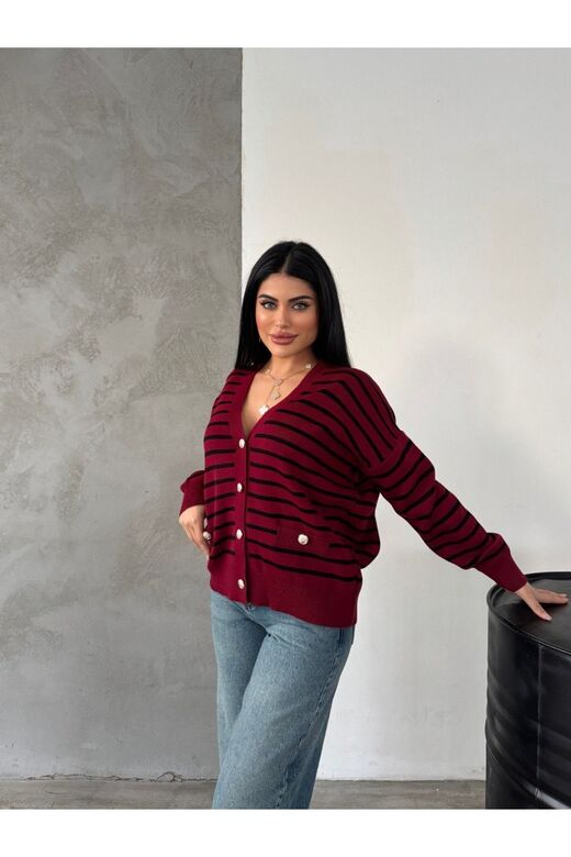 Çizgili Düğmeli Cep Detaylı  Oversize Triko Hırka