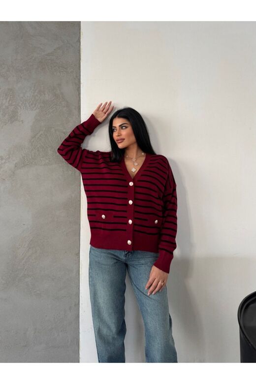 Çizgili Düğmeli Cep Detaylı  Oversize Triko Hırka