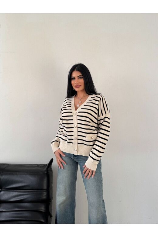 Çizgili Düğmeli Cep Detaylı  Oversize Triko Hırka