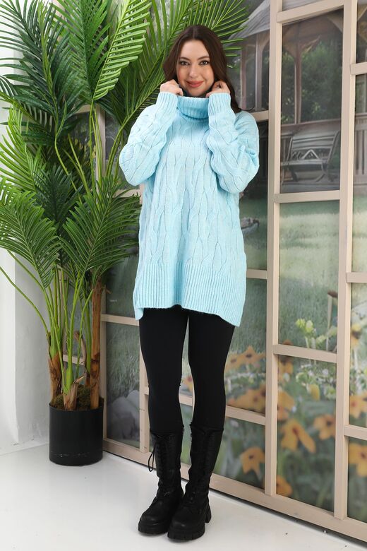 Balıkçı Yaka Örme Detaylı  Oversize Triko Tunik Kazak
