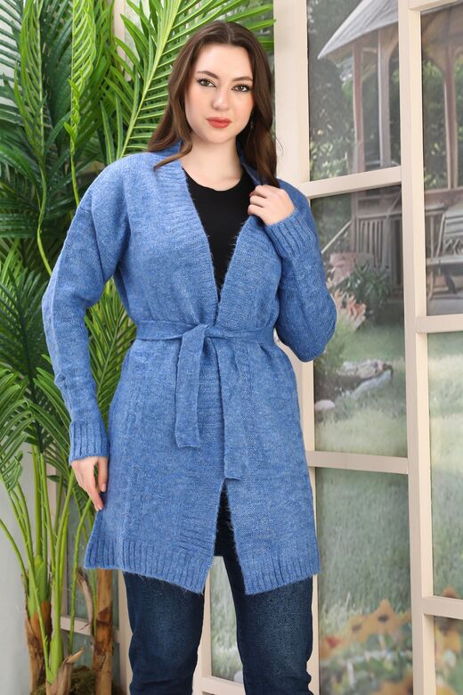 Kuşaklı Oversize Örme Detaylı Triko Hırka