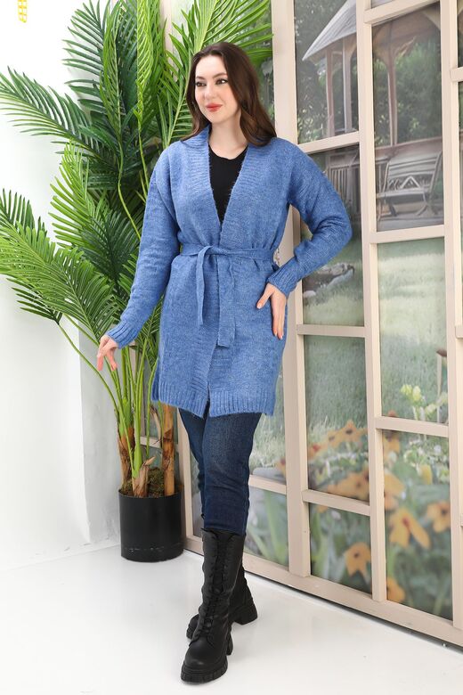 Kuşaklı Oversize Örme Detaylı Triko Hırka