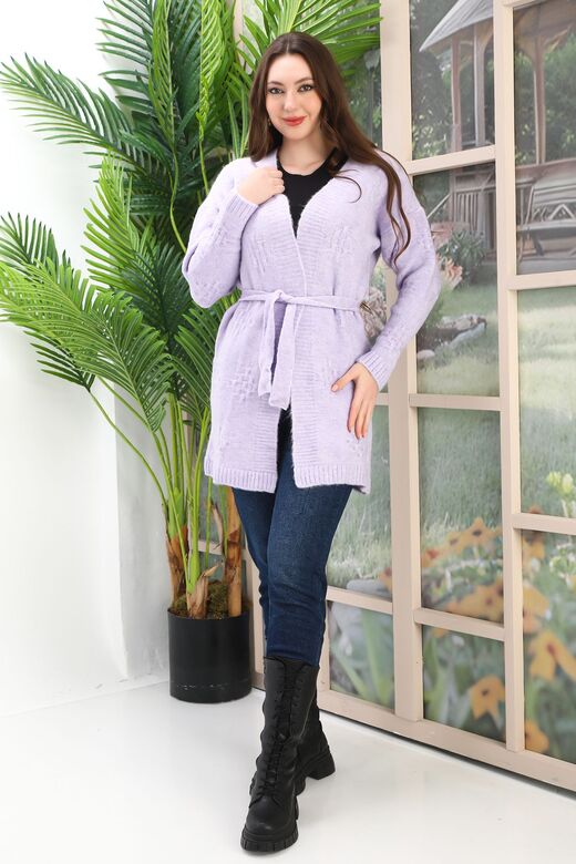 Kuşaklı Oversize Örme Detaylı Triko Hırka