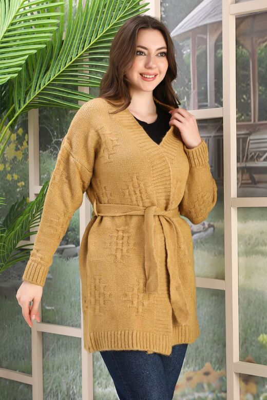 Kuşaklı Oversize Örme Detaylı Triko Hırka
