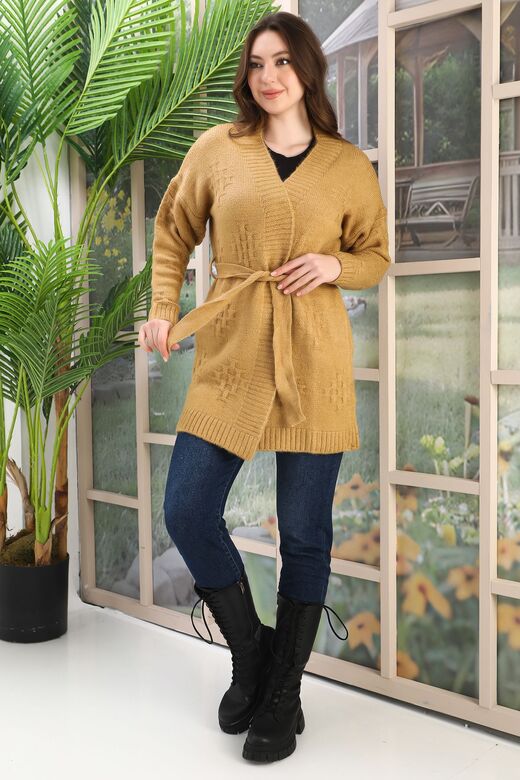 Kuşaklı Oversize Örme Detaylı Triko Hırka