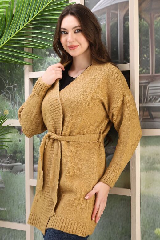 Kuşaklı Oversize Örme Detaylı Triko Hırka