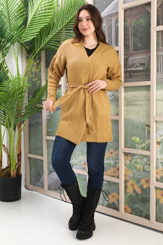 KUŞAKLI OVERSİZE ÖRME DETAYLI TRİKO HIRKA