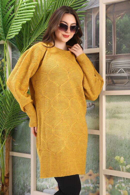 Oversize Uzun Yumuşak Petek Desen Örme Detaylı Triko Kazak