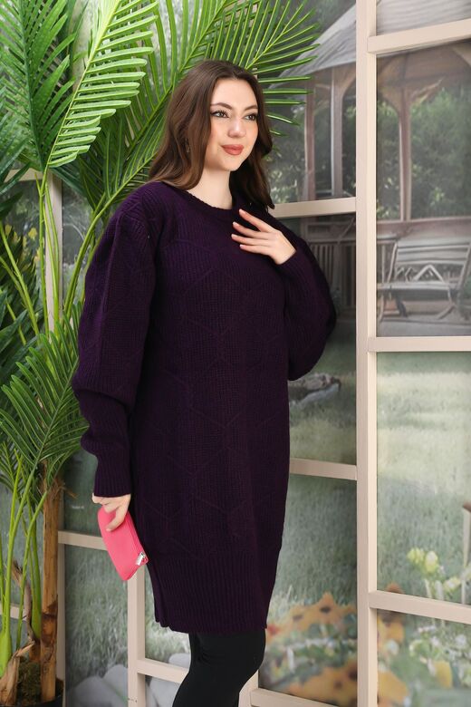 Oversize Uzun Yumuşak Petek Desen Örme Detaylı Triko Kazak