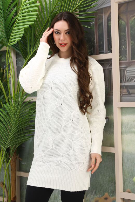 Oversize Uzun Yumuşak Petek Desen Örme Detaylı Triko Kazak