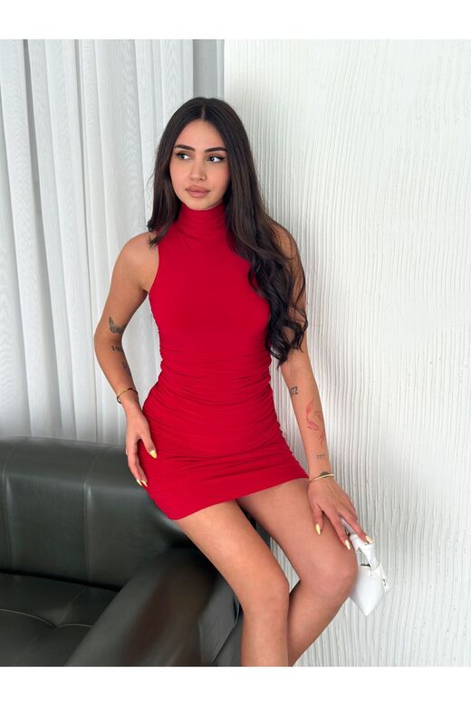 Büzgü Detaylı Carmel Balıkçı Yaka Astarlı Mini Elbise