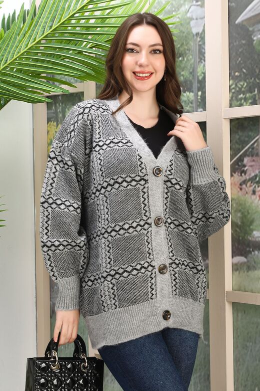 Oversize Yumuşak Kalp Desenli Örme Detaylı Düğmeli Triko Hırka