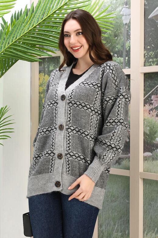 Oversize Yumuşak Kalp Desenli Örme Detaylı Düğmeli Triko Hırka