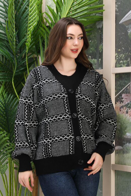 Oversize Yumuşak Kalp Desenli Örme Detaylı Düğmeli Triko Hırka