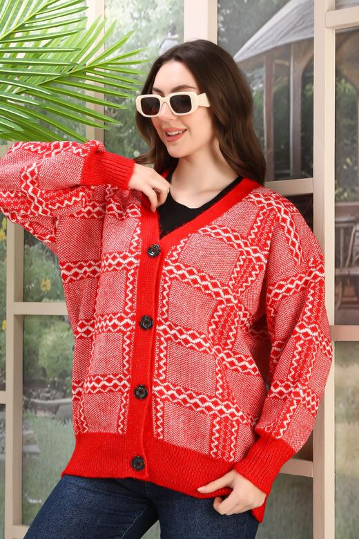 Oversize Yumuşak Kalp Desenli Örme Detaylı Düğmeli Triko Hırka