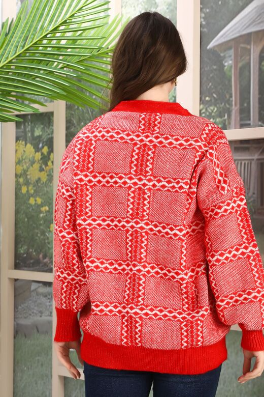 Oversize Yumuşak Kalp Desenli Örme Detaylı Düğmeli Triko Hırka