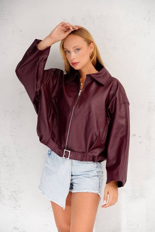 Oversize Bomber Kemerli Fermuarlı Deri Ceket