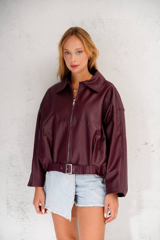 Oversize Bomber Kemerli Fermuarlı Deri Ceket