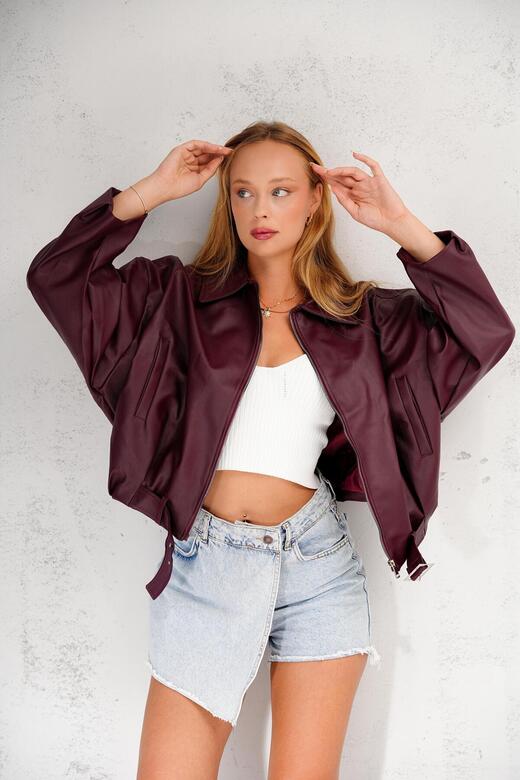 Oversize Bomber Kemerli Fermuarlı Deri Ceket