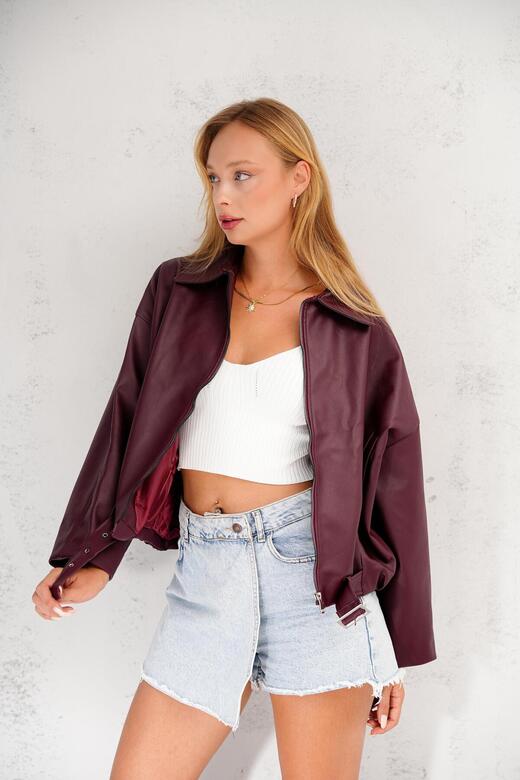 Oversize Bomber Kemerli Fermuarlı Deri Ceket