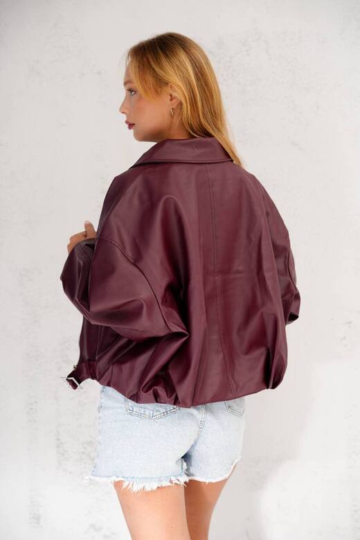 Oversize Bomber Kemerli Fermuarlı Deri Ceket
