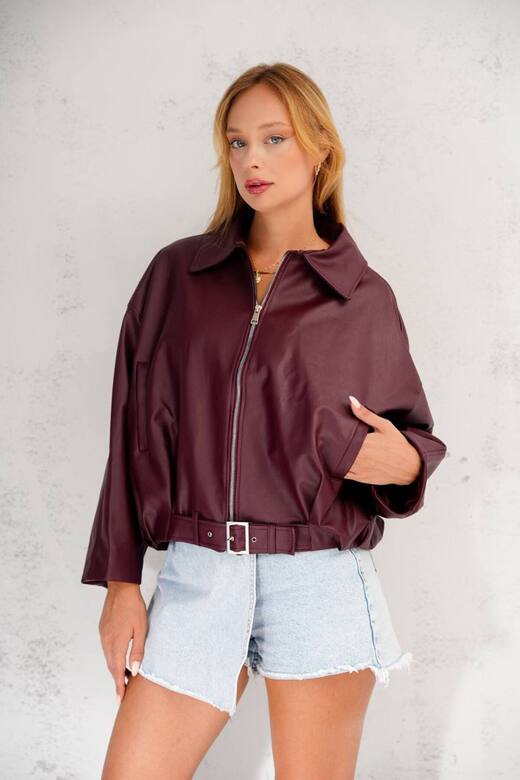 Oversize Bomber Kemerli Fermuarlı Deri Ceket
