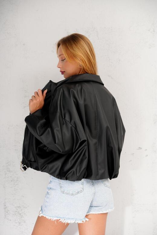 Oversize Bomber Kemerli Fermuarlı Deri Ceket