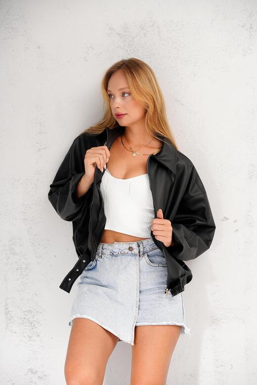 Oversize Bomber Kemerli Fermuarlı Deri Ceket