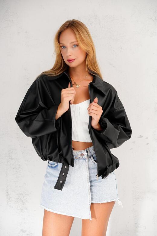 Oversize Bomber Kemerli Fermuarlı Deri Ceket