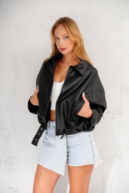 Oversize Bomber Kemerli Fermuarlı Deri Ceket