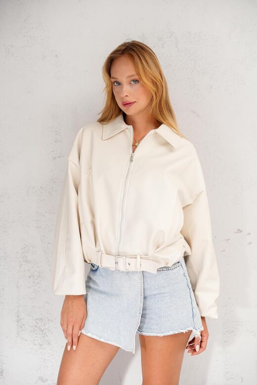 Oversize Bomber Kemerli Fermuarlı Deri Ceket