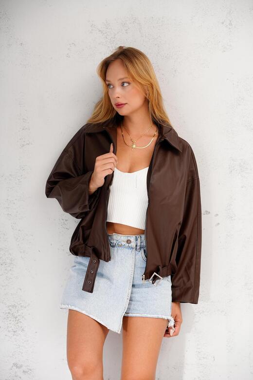 Oversize Bomber Kemerli Fermuarlı Deri Ceket