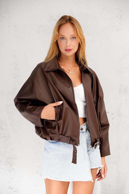 Oversize Bomber Kemerli Fermuarlı Deri Ceket
