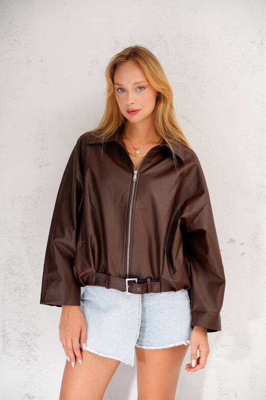 Oversize Bomber Kemerli Fermuarlı Deri Ceket