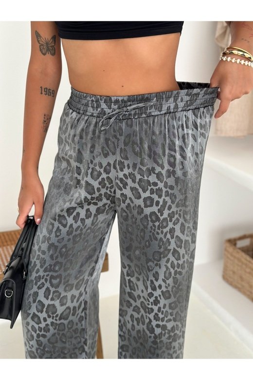 Leopar Desenli Beli Lastikli Geniş Paça Pantolon
