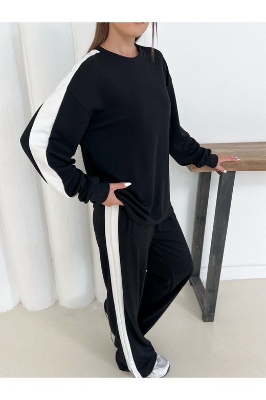 Geniş Şerit Detaylı Oversize Geniş Paça Modal Kumaş Eşofman Takım