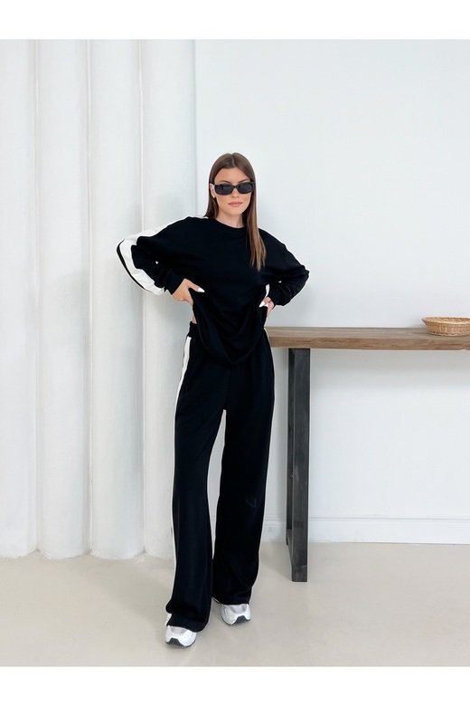 Geniş Şerit Detaylı Oversize Geniş Paça Modal Kumaş Eşofman Takım