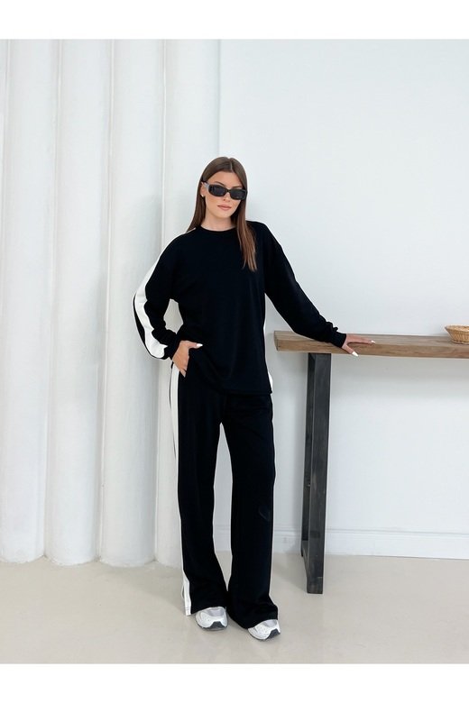 Geniş Şerit Detaylı Oversize Geniş Paça Modal Kumaş Eşofman Takım
